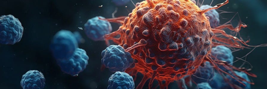 An orange cell surrounded by purple T cells, against a white background.