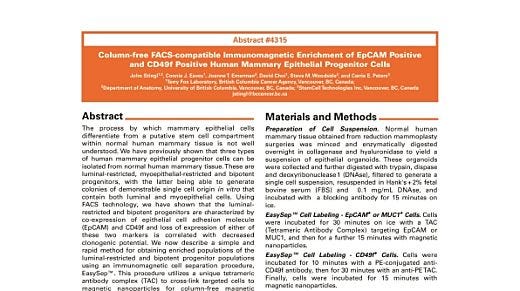 Column-Free Enrichment of EPCAM Positive and CD49F Positive Human Mammary Epithelial Progenitor Cells