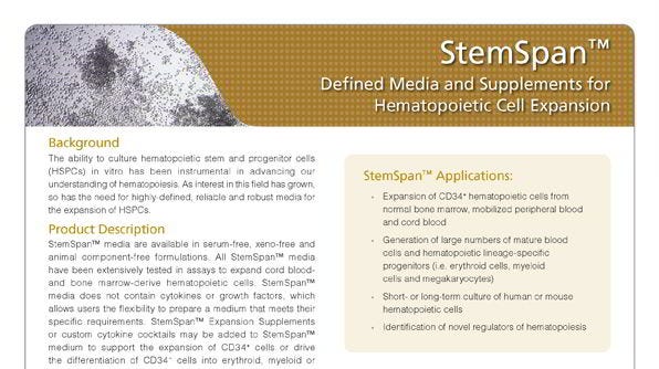StemSpan™: Defined Media and Supplements for Hematopoietic Cell Expansion