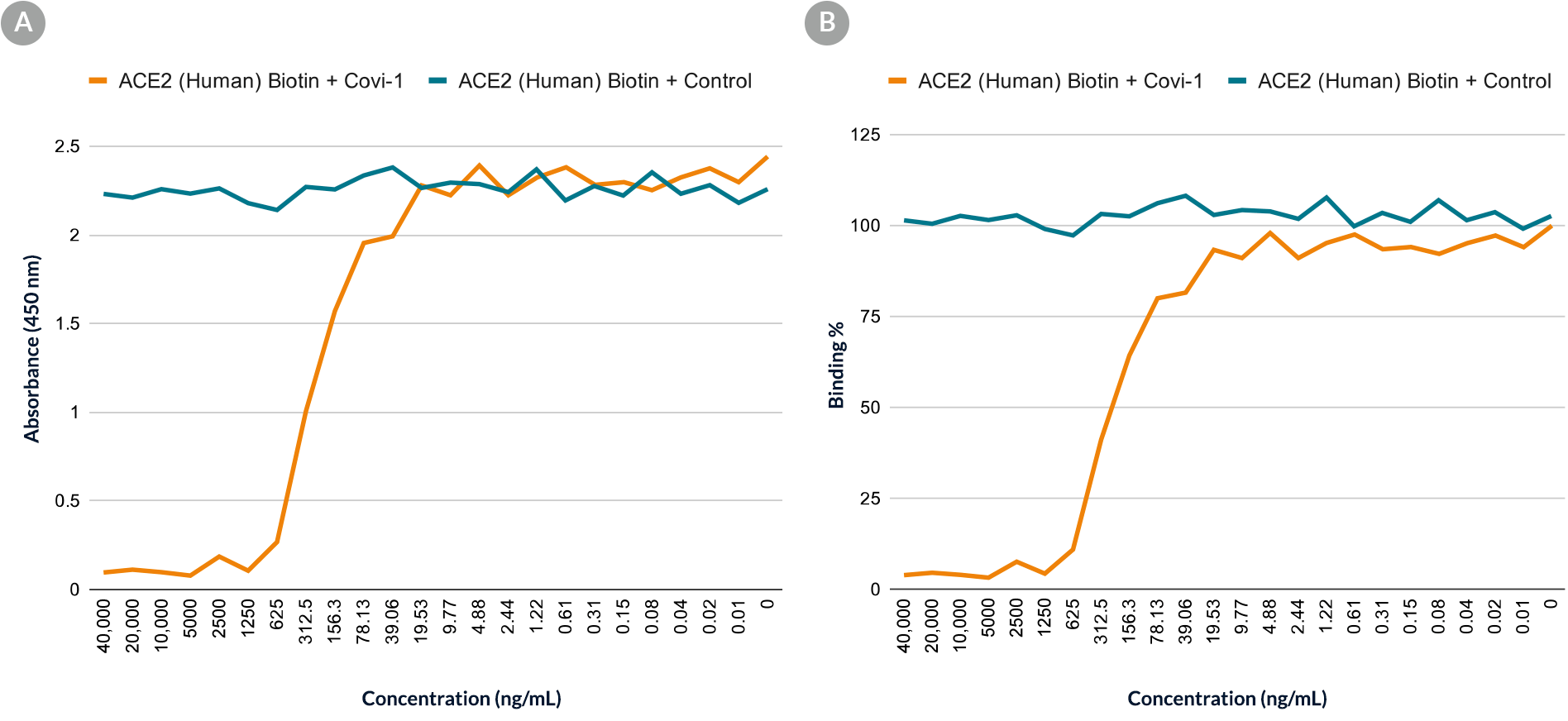 Data figures showing that the binding between recombinant human ACE2 to the Spike protein S1 RBD is inhibited in the presence of increasing concentation of Covi-1 antibody. 