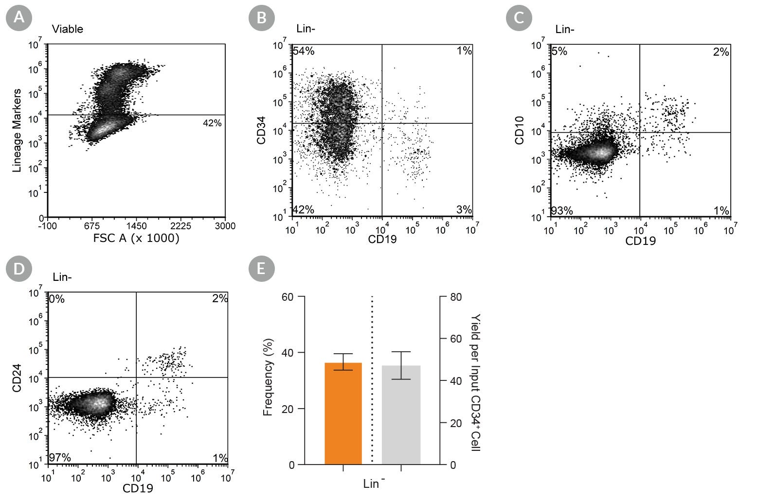 Flow Cytometry of CD34+ cells (freshly isolated or from cryopreserved stock) were cultured in StemSpan™ SFEM II containing StemSpan™ B Cell Differentiation Supplement 1 for 14 days.