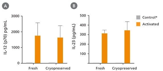 Cryopreserved Monocytes Differentiate into Dendritic Cells and Secrete IL-12 (p70) and IL-23 Upon Activation