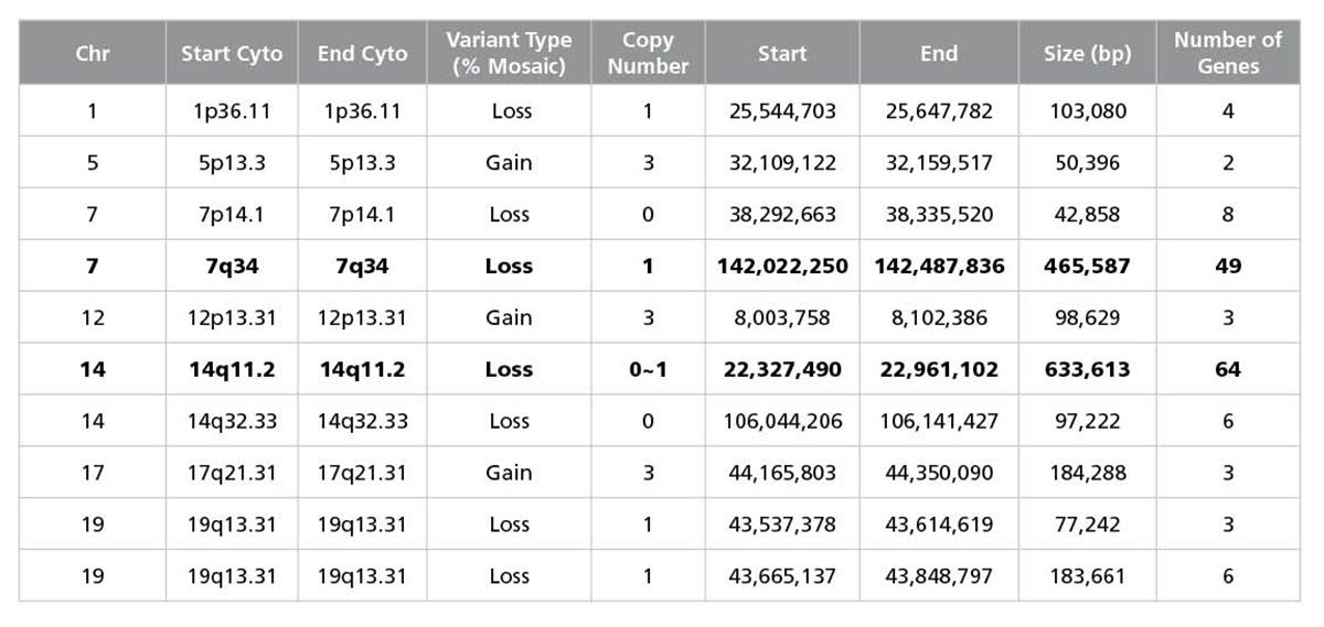 Data table presenting a list of chromosomal gains and losses determined by SNP microarray