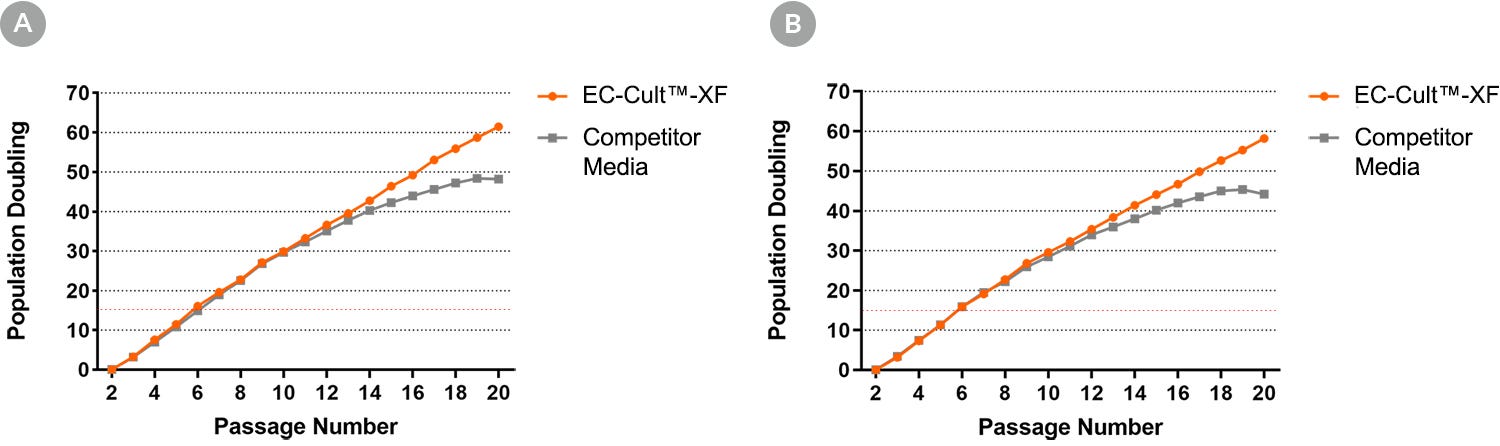 HUVECs can expand for higher passage numbers when cultured in EC-Cult™-XF medium when compared to alternative commercial media.
