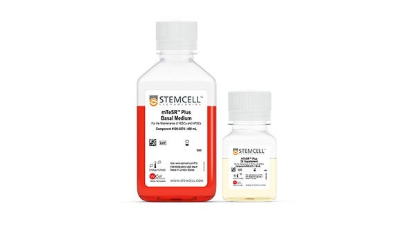Bottles of mTeSR™ Plus maintenance medium and mTeSR™ Plus 5x Supplement.