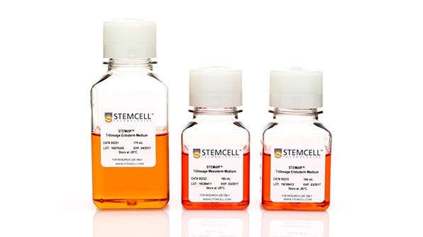 Three media bottles containing STEMdiff™ Trilineage Ectoterm, Mesoderm, and Endoderm media, respectively.